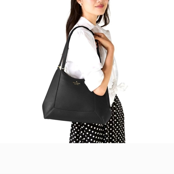 NWOT Kate Spade Lena Large Triple Compartment Black Pebbled Leather Shoulder Bag - Picture 11 of 12